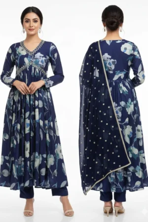 Blue Aliya Cut Dress With Real Mirror Work