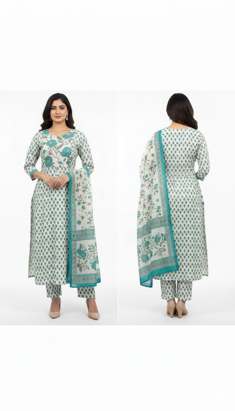 Women’s White Cotton Printed Kurti Set with Dupatta – Classic Elegance & Everyday Comfort