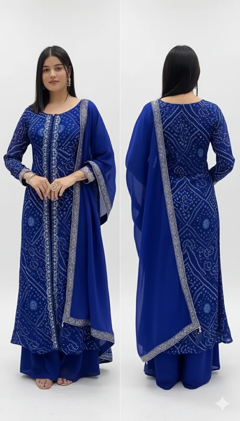 Party Wear Faux Georgette Printed Anarkali Stitched Suit Set – Elegance in Every Twirl