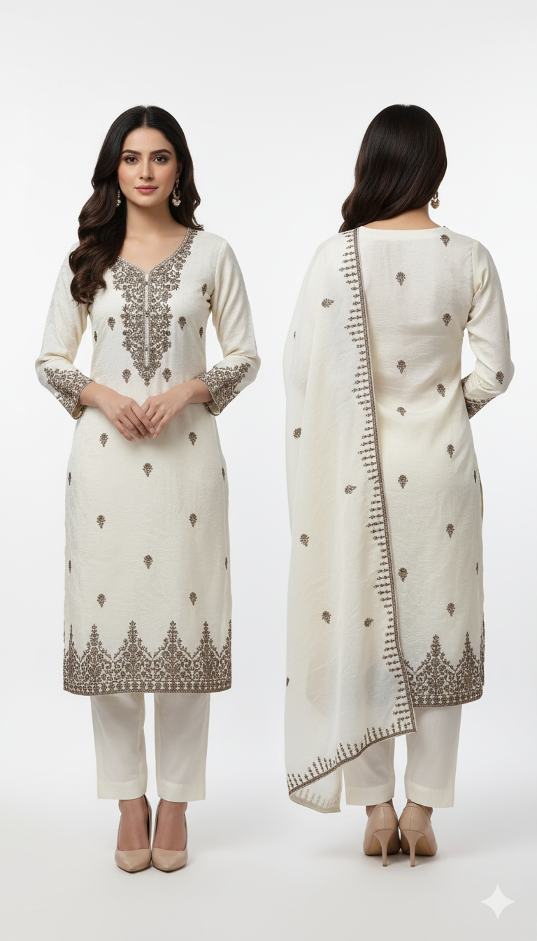 Ethnic Motifs Embroidered Thread Work Round Neck Cotton Straight Kurta – Elegant & Comfortable Ethnic Wear for Women