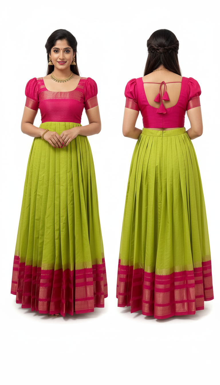 Women’s Pink and Green Cotton Silk Dress – Ethnic Elegance Meets Comfort