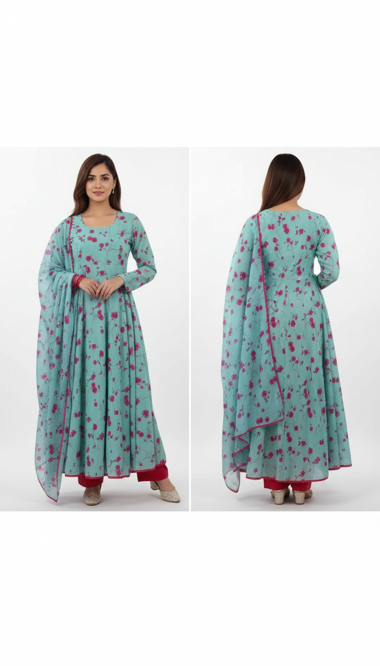 Women’s Floral Print Flared Kurta with Palazzos & Dupatta – Effortless Ethnic Elegance