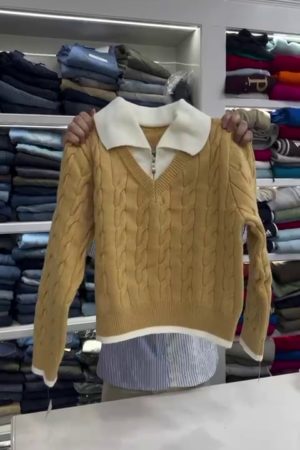 Long Sleeve Sweaters V Neck With Cable Knitted Pullover Casual Soft Top