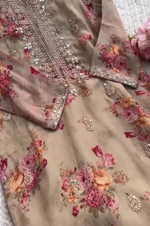 brown colour Premium Kundan Organza Embroidered Suit Set for women